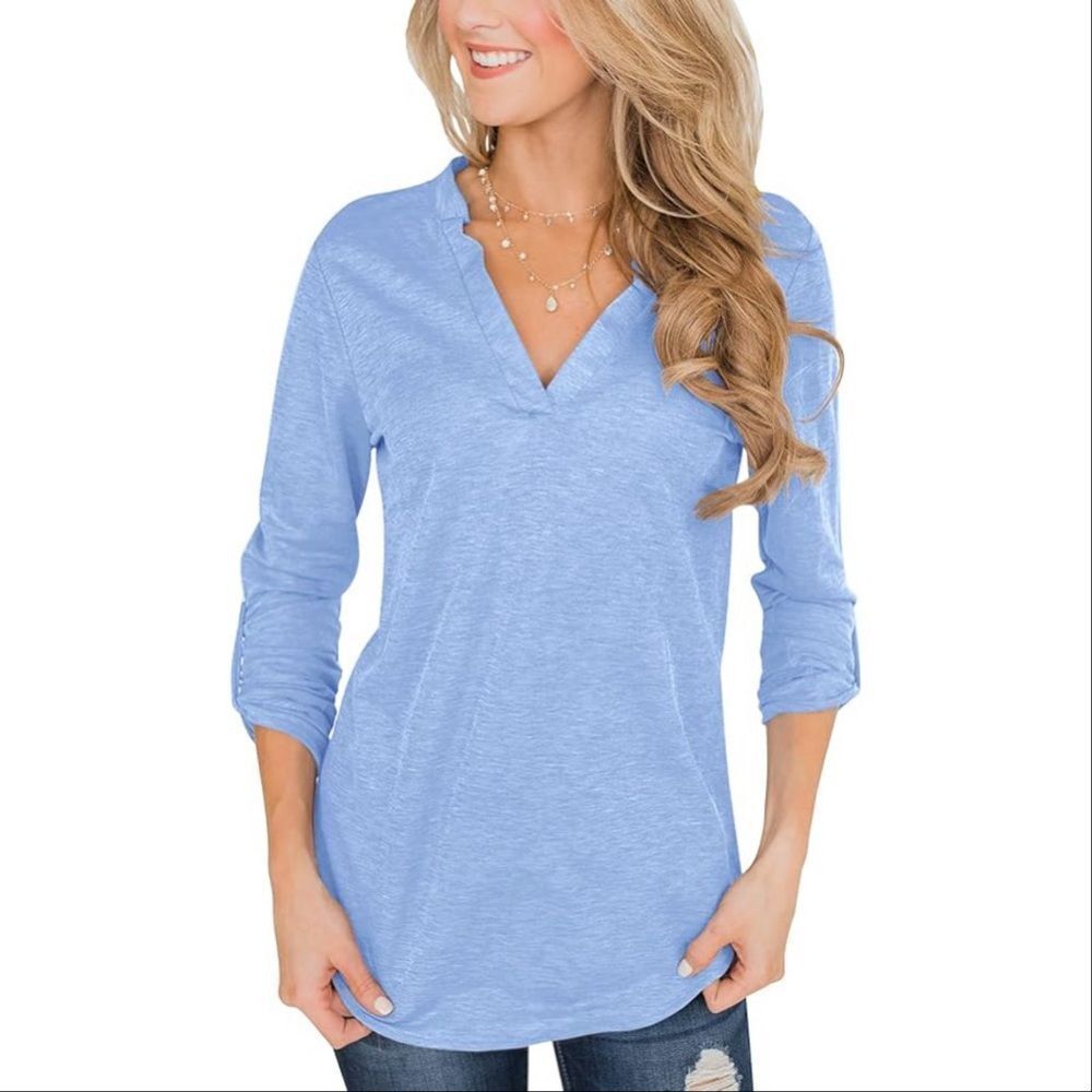 Heathered V Neck Roll Tab Long Sleeve Henley T Shirt Blue Large